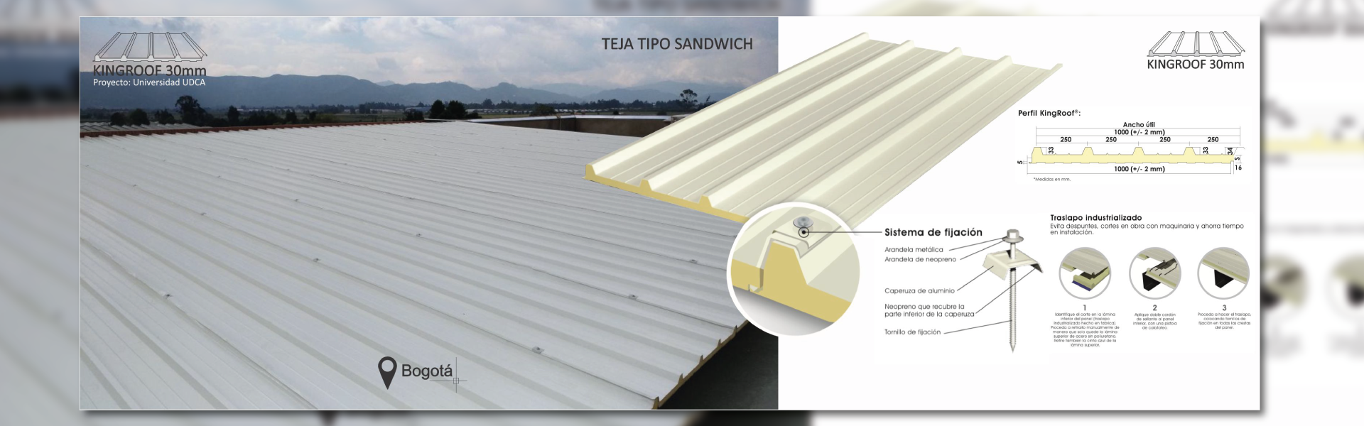 Bogota-Teja-tipo-Sandwich-Kingroof-30mm exiplast bold maxtech arkos Termoacústicas. Panel Tejas. Kingspan. Cubiertas. Fachadas. Aislamiento Térmico. Estructura Metálica. Mantenimiento de cubiertas. Arkos. Policarbonato. Impermeabilizaciones. Canalespoliuretano